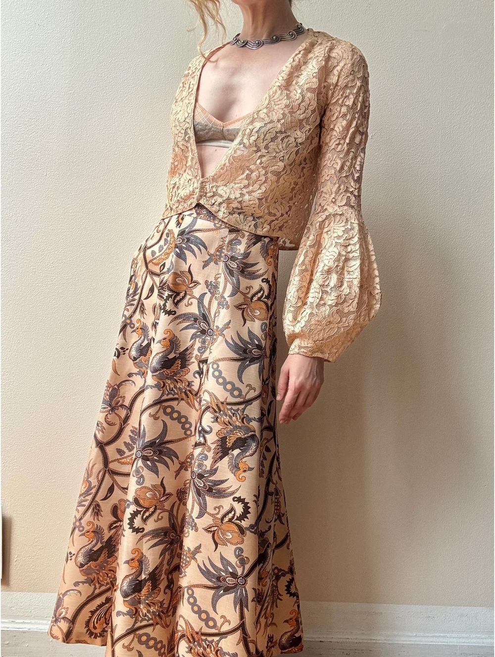 Vintage Batik Print Silk Midi Length Full Skirt